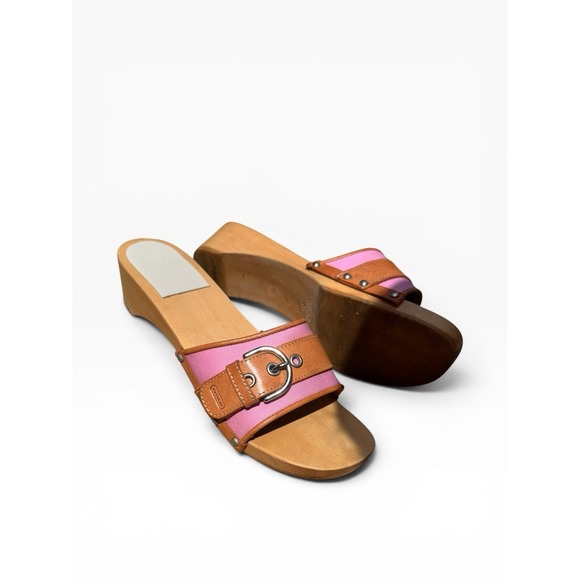 Vtg COACH Ella Twill Pink Buckle Wooden Clogs Platform Sandals Y2K Sz 8.5 Womens main image 2
